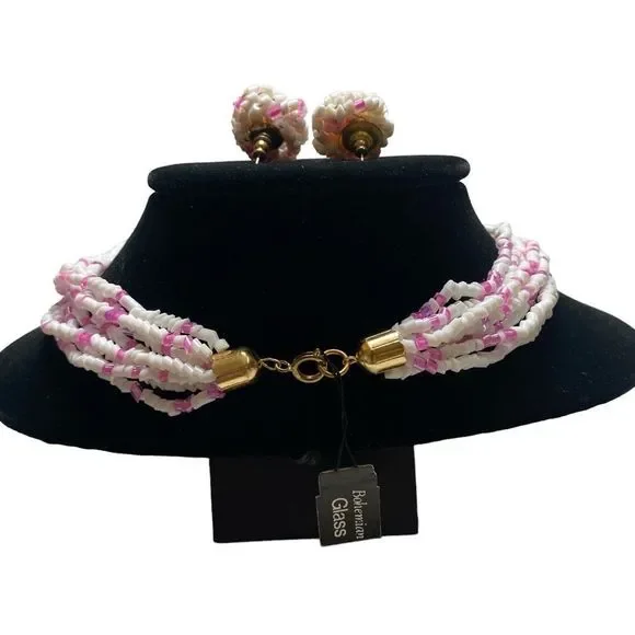 Vintage Pink and White Bohemian Glass MultiStrand Necklace Set NWT - Picture 5 of 15